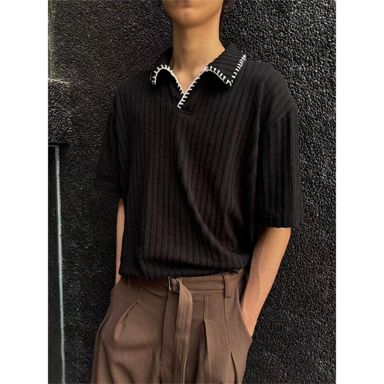 XZ1005-1-TTH330-P58手缝线麦穗纹POLO衫短袖设计高级感翻领T恤,男装T恤,星座1005-1