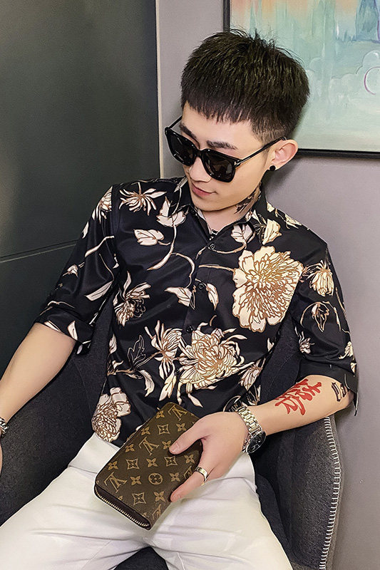 312A-103-P55新款社会小伙中袖衬衫韩版潮流男士五分袖衬衣D,男装T恤,星座312A-5