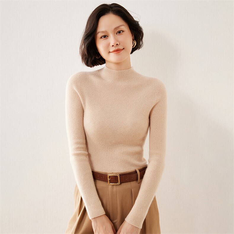 一线成衣无缝软糯感山羊绒衫女半高领抽条修身毛衣针织打底衫上衣,女装羊毛衫,伊绒腾羊绒