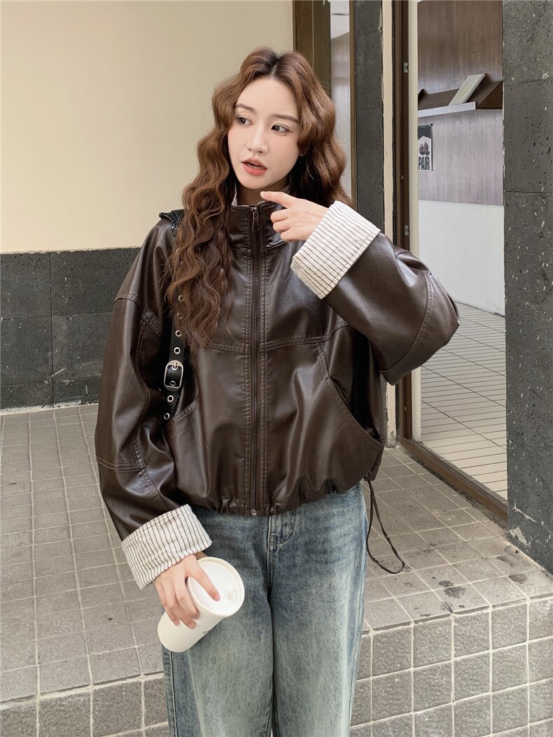 美式复古高级感条纹撞色PU皮衣外套女2025春秋季新款韩系显瘦夹克,女装皮衣,蝶眷