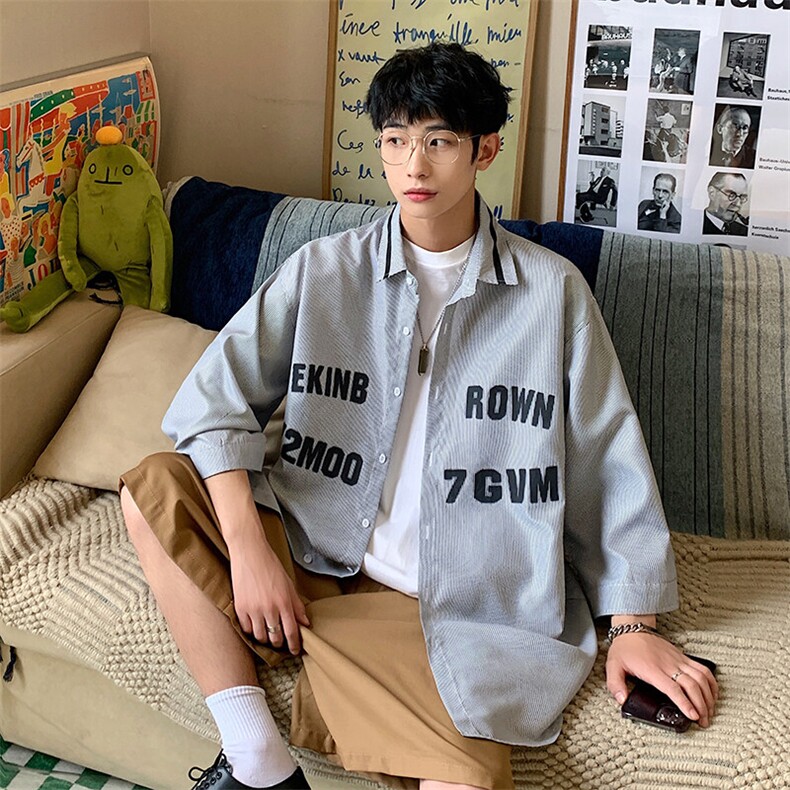 1港风竖条纹大码M-5XL中性风情侣潮七分袖衬衫男QCS7018P45控69，男装衬衫，星座226-2