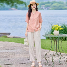 现货2026年夏季新款中式时尚两件套装女小衬衫加马甲天丝麻小脚裤，女装套装/套裙，璐依舞