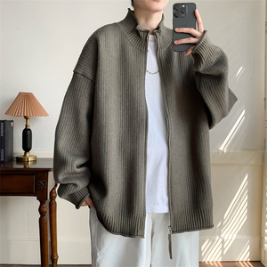 慵懒风立领拉链针织开衫男秋冬季休闲高级感纯色情侣毛衣外套图片