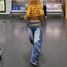 美式高街水洗做旧牛仔裤男女宽松直筒垂感阔腿拖地长裤潮NZ8008，男装牛仔裤，星座516A