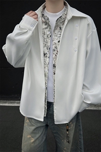 潮流男士花卉印花领翻领假两件休闲长袖衬衫上衣男潮特P52图片