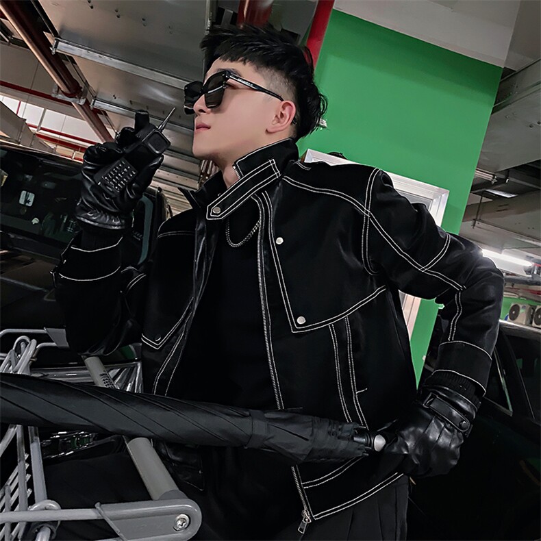 AF35/P130控170/2秋季社会小伙立领复古重工明线夹克外套男黑首,男装夹克,星座305B-1