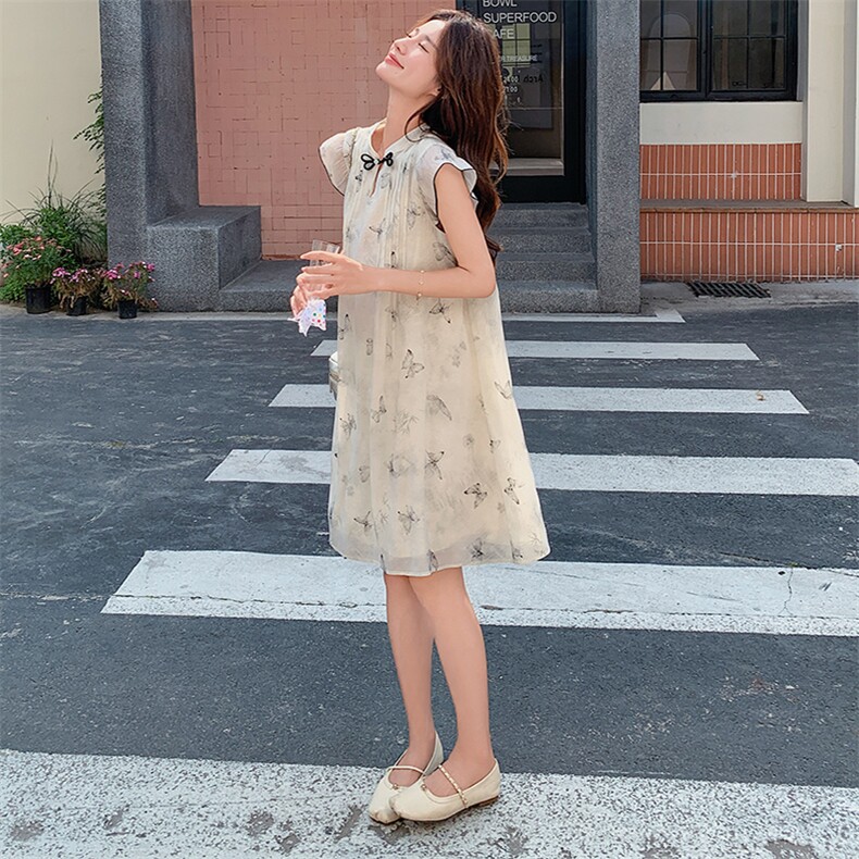 新中式甜美米白色印花连衣裙2025夏季小众独特漂亮绝美国风娃娃裙,女装连衣裙,2D078