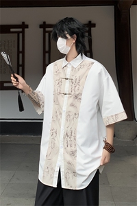 新中式衬衫男2024夏季新款宽松百搭金属扣图案印花设计感潮流上衣图片