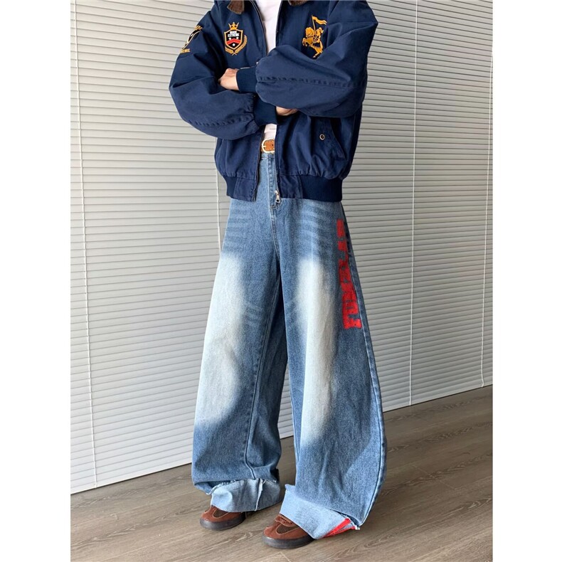 美式高街复古水洗做旧牛仔裤男女宽松直筒垂感阔腿拖地长裤潮图片