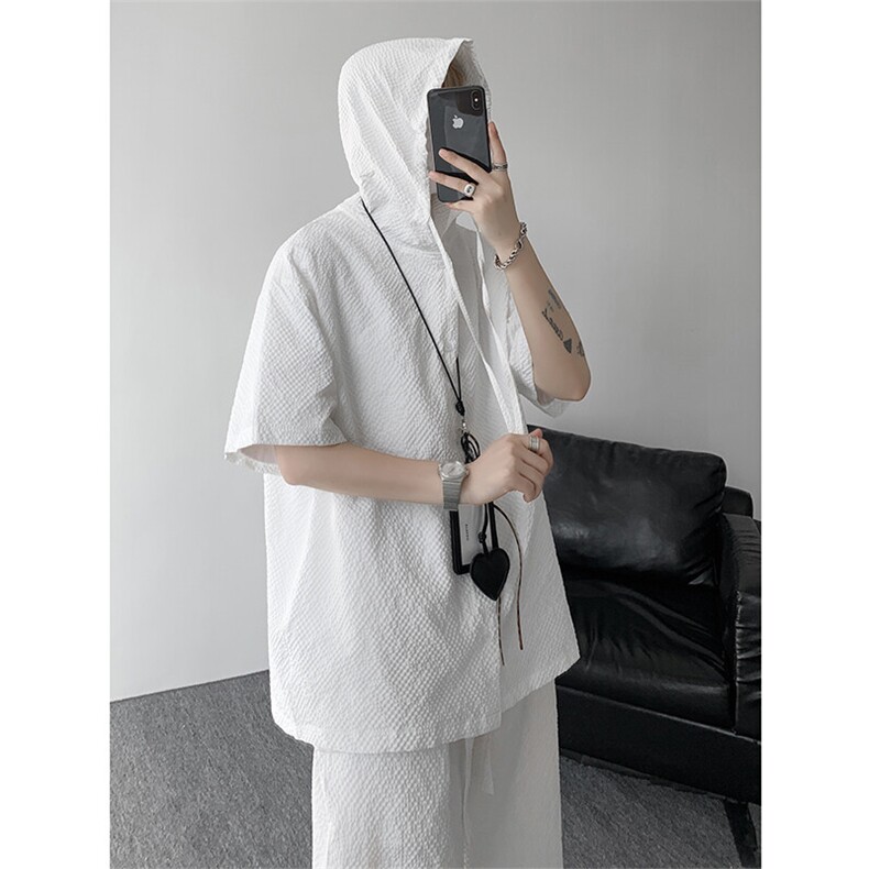 TZ793-特55控98新款速干肌理感连帽男短袖衬衫六分裤大码套装,男装T恤,电商A059
