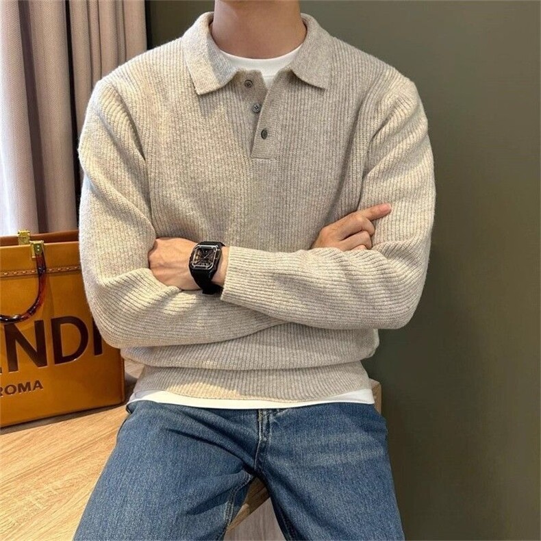 秋冬季轻奢翻领男polo衫简约纯色细条磨毛通勤针织毛衣SWM30,男装针织衫/毛衣,星座516A