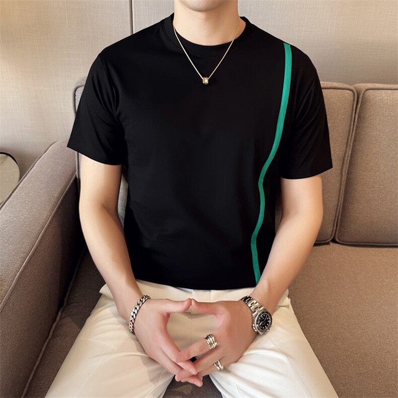 2024夏季新款修身圆领拉链开叉拼色装饰纯色短袖T恤男666-45控59,男装T恤,电商D303