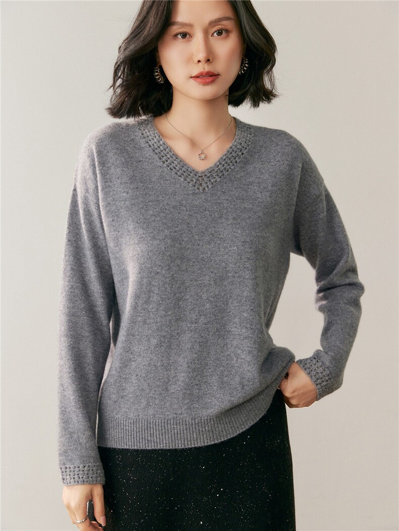 新款v领纯色针织衫简约百搭套头上衣女,针织衫/毛衣,鸥蕊娅羊绒