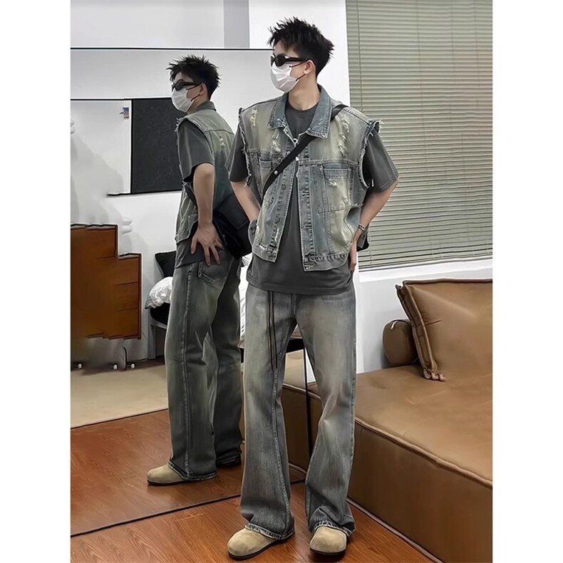 新款小众解构设计感牛仔马甲外套做旧无袖坎肩背心1008-MJ605-p58，男装背心/马甲，星座1008