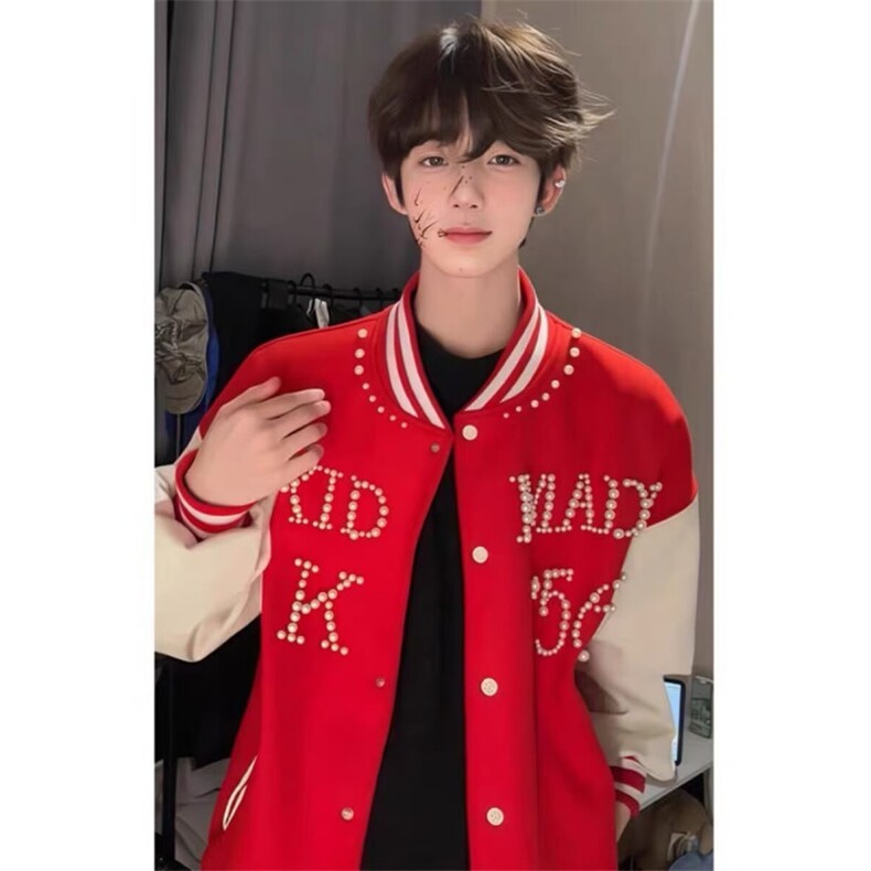 美式珍珠刺绣拼接撞色棒球服外套男女春季情侣休闲宽松夹克JKT77,男装夹克,星座516A