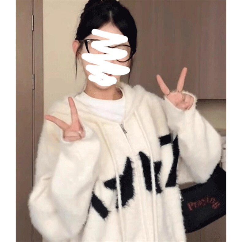 水貂绒拉链连帽针织毛衣外套女秋冬季宽松慵懒风软糯开衫 MA262图片