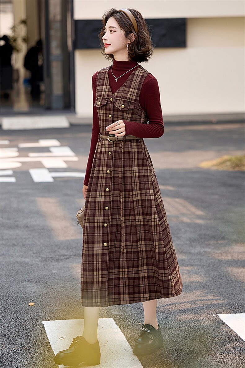 小香格子风格吊带连衣裙2024复古毛呢背带两件套装两件套裙子,女装套装/套裙,朵莱米