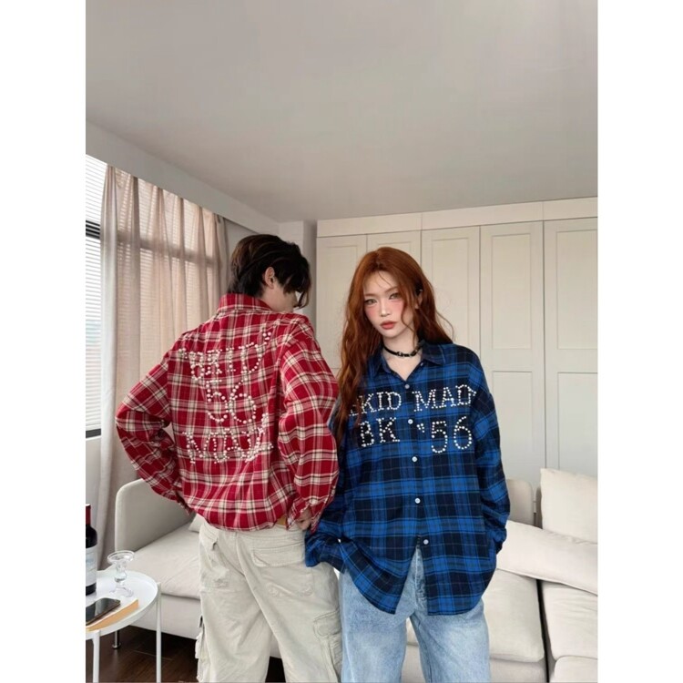 钉珠长袖格子衬衣衬衫男女美式复古新款休闲设计情侣开衫外套,男装衬衫,星座218-8