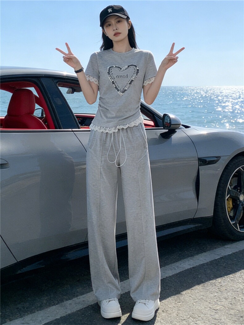 韩版时尚气质套装女夏新款圆领钉珠蕾丝花边上衣高腰阔腿裤两件套,女装套装/套裙,江南