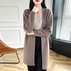 女开衫外套2024秋冬新款无扣长袖长款过膝针织开衫羊毛衫，女装羊毛衫，蒙特羊绒