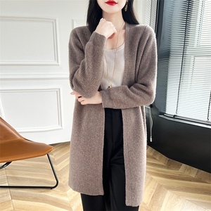 女开衫外套2024秋冬新款无扣长袖长款过膝针织开衫羊毛衫