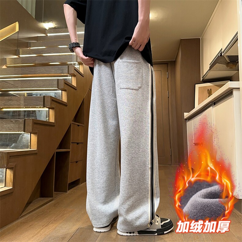 直筒裤男冬季美式条纹休闲裤宽松百搭阔腿运动裤D015-P45加绒P50,女装休闲裤,星座509