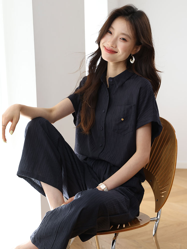 2026年夏季新款短袖衬衫休闲裤两件套,女装套装/套裙,雪樱依海