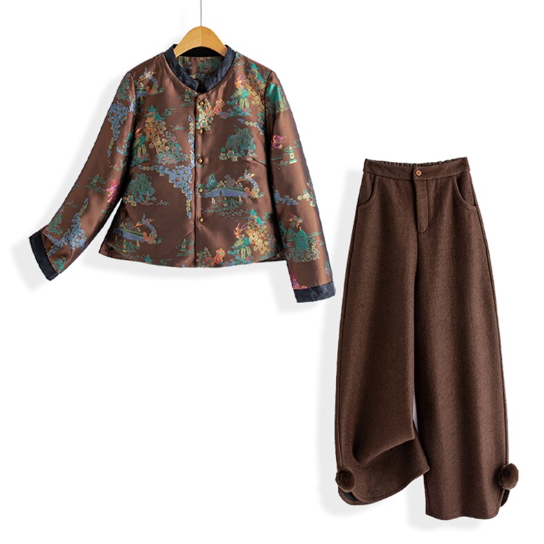 水衣源2718B新中式羽绒外套配羊毛阔腿裤两件套冬季保暖套装女，女装套装/套裙，水衣源