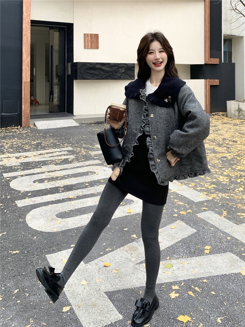 韩版学院风娃娃领毛呢白鸭绒外套女短款灰色气质减龄小个子羽绒服,女装羽绒服,艾米莉亚