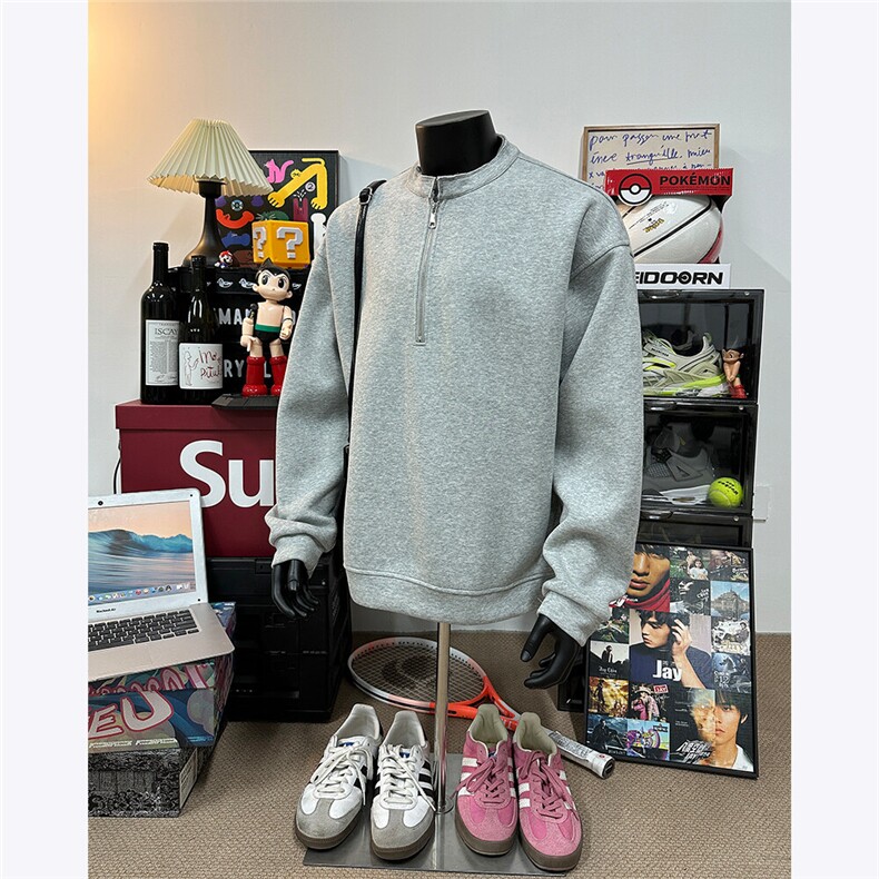 假模图春装新款400克美式复古水洗宽松套头半拉链卫衣男外套潮P68,男装卫衣,电商C306-1