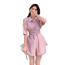粉色小个子减龄时尚套装女2025夏新款韩系露肩收腰外套短裤两件套，女装套装/套裙，2C133