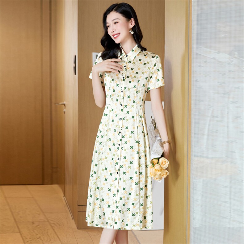 杭州重磅真丝桑蚕丝连衣裙女高端大牌2025新款夏季碎花妈妈衬衫裙,女装连衣裙,阿舍尔精品