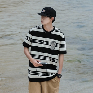 美式潮牌宽松休闲上衣2024夏季新款条纹短袖t恤男 现货 T1734-P30图片