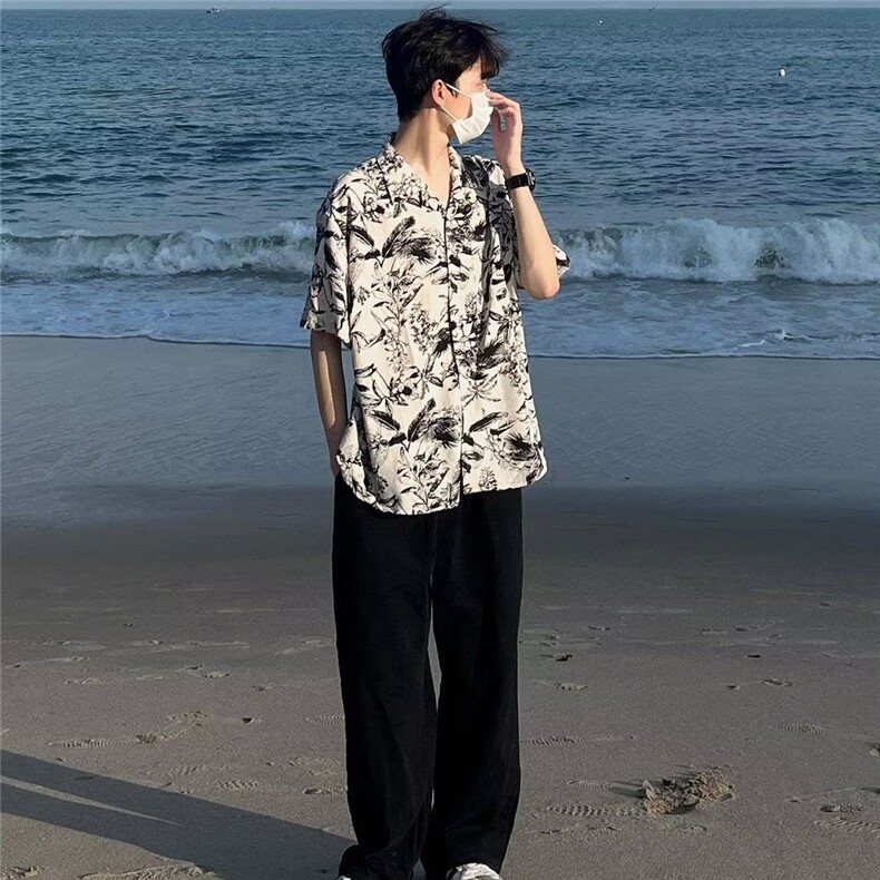 夏季沙滩度假风痞帅花衬衫男韩系冷淡风复古设计冰感薄款短袖潮牌,男装T恤,四季星座505