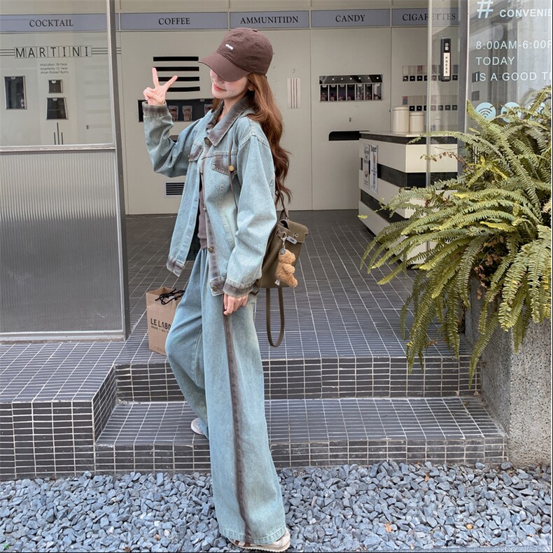韩系设计感牛仔套装女撞色拼接2025秋季新款设计感上衣长裤两件套,女装套装/套裙,2C283