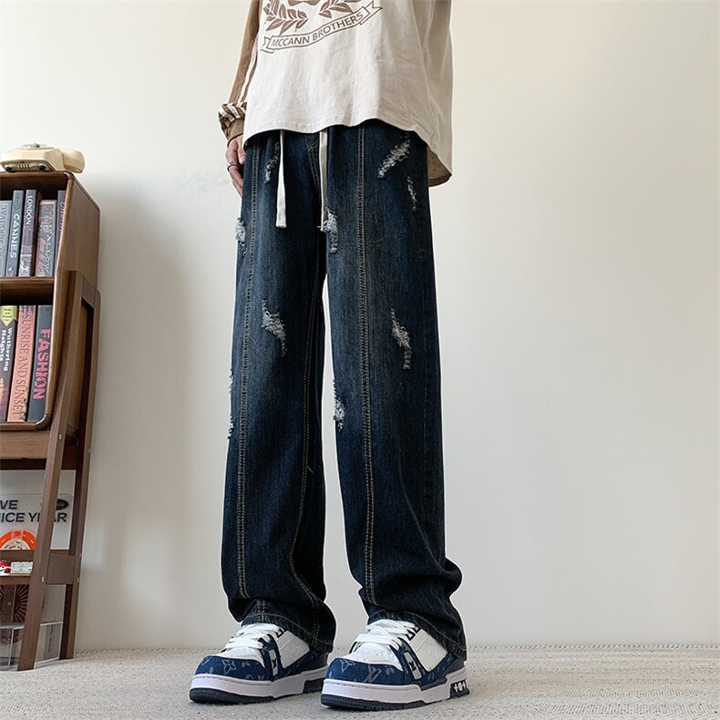 S-3XL夏季薄款冰丝裤直筒宽松破洞牛仔裤310A-2BK312p55控78,男装牛仔裤,星座310A-2
