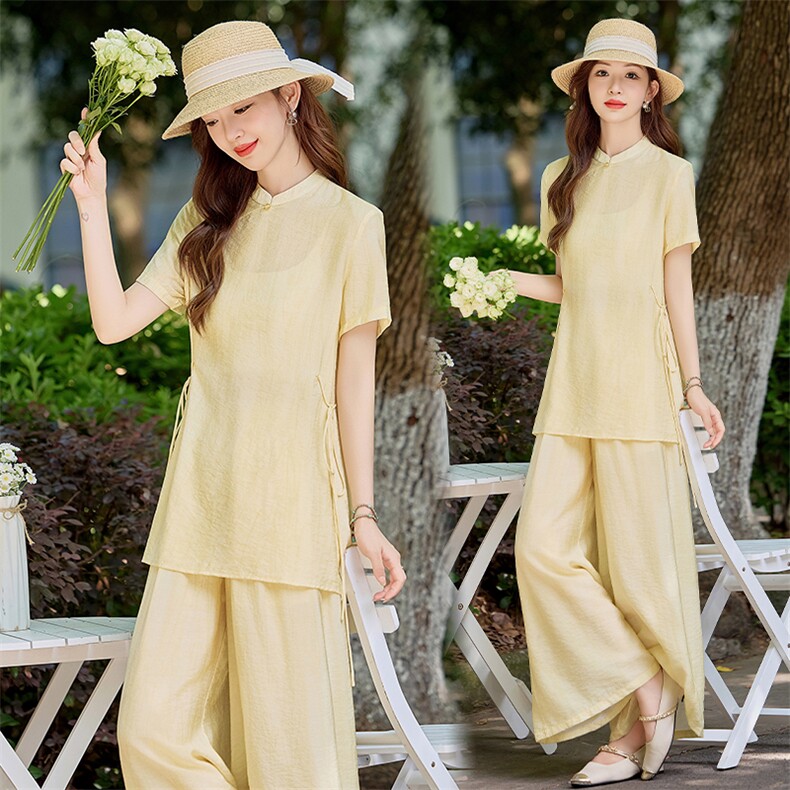 简约百搭新中式套装女2025夏季新款洋气减龄盘扣上衣阔腿裤两件套，女装套装/套裙，水衣源