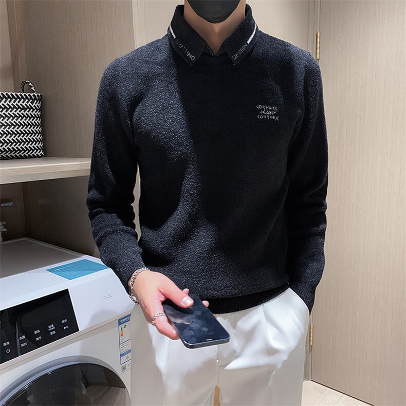 店主风小伙秋冬男修身衬衫领假二件针织毛衣301A-1/M66/P75控95,男装针织衫/毛衣,星座301A-1