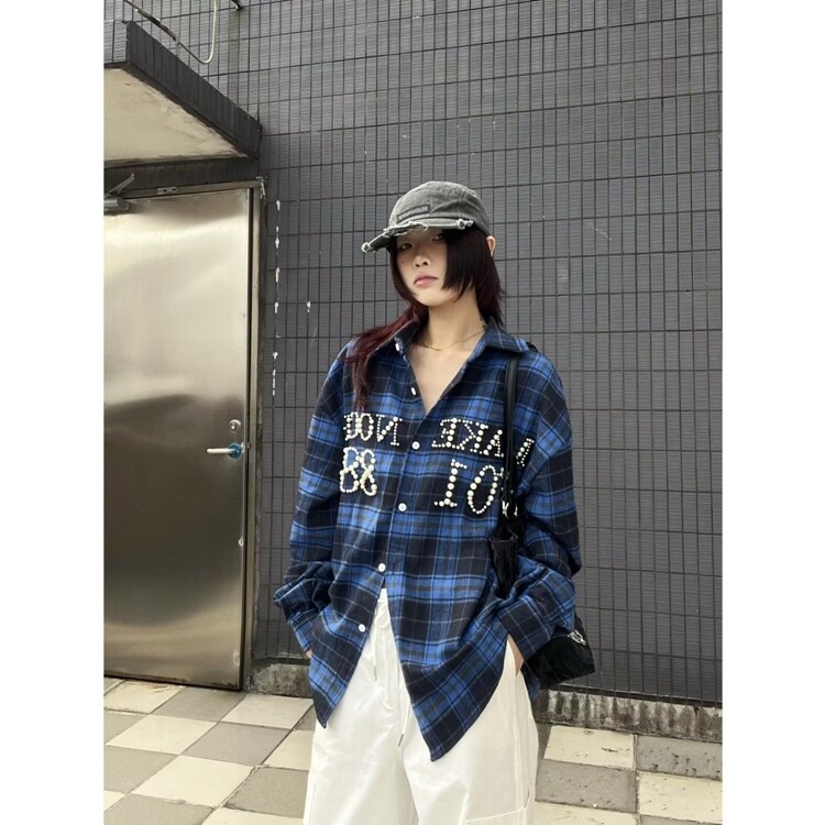 美式潮牌复古红色格子衬衫女春夏长袖防晒衬衣设计感宽松情侣外套,女装衬衫,星座218-8