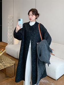 黑色圆领披肩毛呢外套女秋冬超火好看高级小众中长款加厚呢子大衣图片
