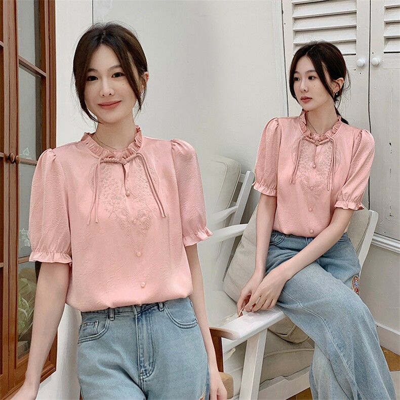 《48H发》夏装新品简约优雅刺绣复古花边短袖衬衫，女装衬衫，曼琳思菲