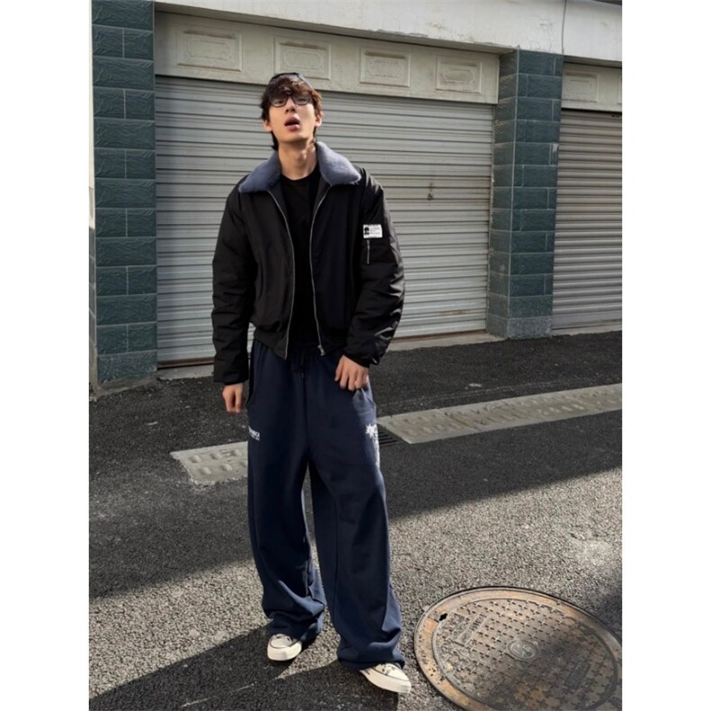 美式通勤字母藏青色抽绳卫裤男女同款百搭通勤宽松直筒休闲长裤,男装休闲裤,星座302B