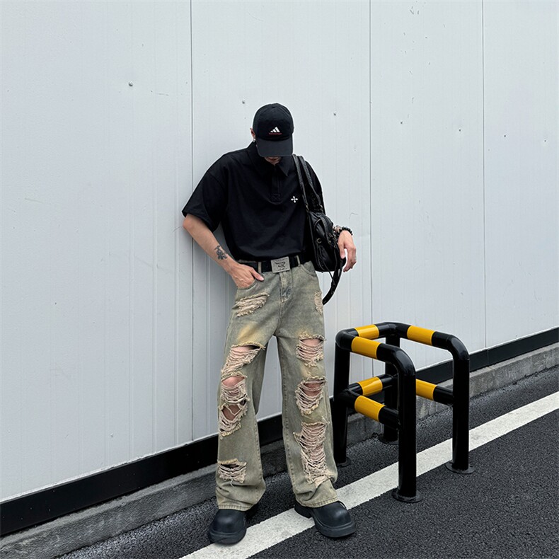 废土风破洞牛仔裤男士款夏季美式复古高街直筒宽松做旧阔腿长裤子,男装牛仔裤,星座410-7