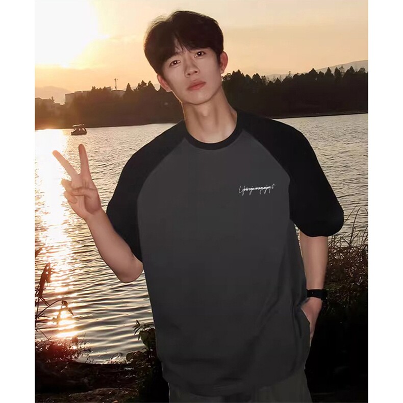 抖音得物高品质二开240克宽松纯棉美式潮牌插肩袖拼接短袖T恤，男装T恤，电商A486