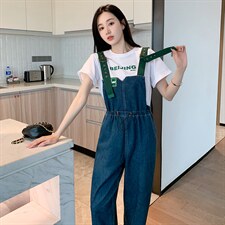 小个子桔梗背带裤女夏季洋气减龄直筒牛仔裤高腰可盐可甜阔腿裤子，女装牛仔裤，梦懿尔