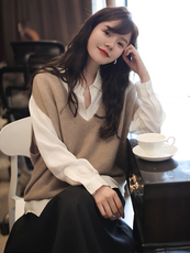 女士仿羊毛双V领宽松马甲秋冬保暖简约休闲，女装马甲，洁纯羊绒