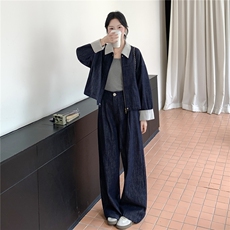 蓝色甜酷撞色小外套阔腿裤套装两件套女2025早秋季高级感时尚穿搭，女装套装/套裙，2C236