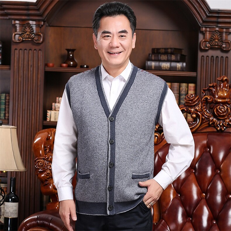 2024秋冬新款中老年男款V领拼色开衫背心马甲，男装羊绒背心，衣恋羊绒