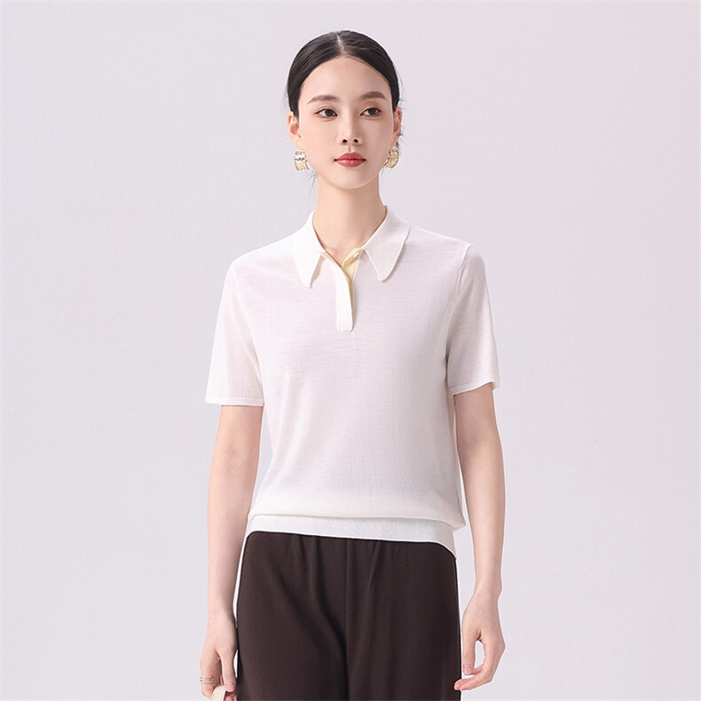 2025年秋季时尚百搭通勤简约休闲polo领短袖，女装T恤，清联羊绒