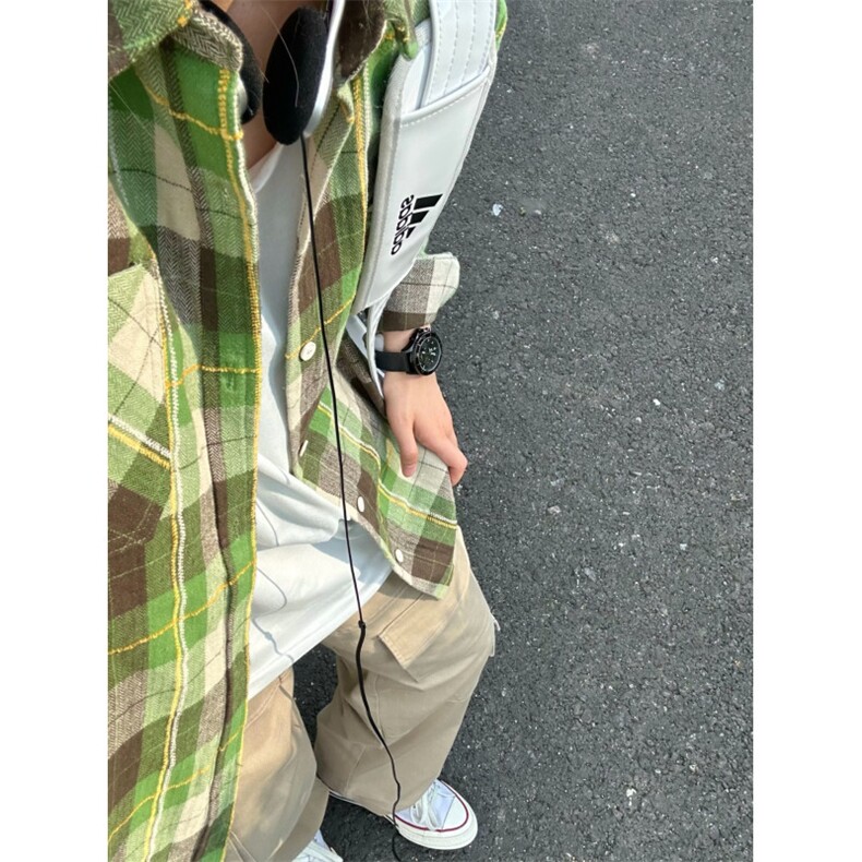 牛油果绿格子衬衫设计感高级痞帅衬衣美式复古长袖外套CS88LL-P39图片